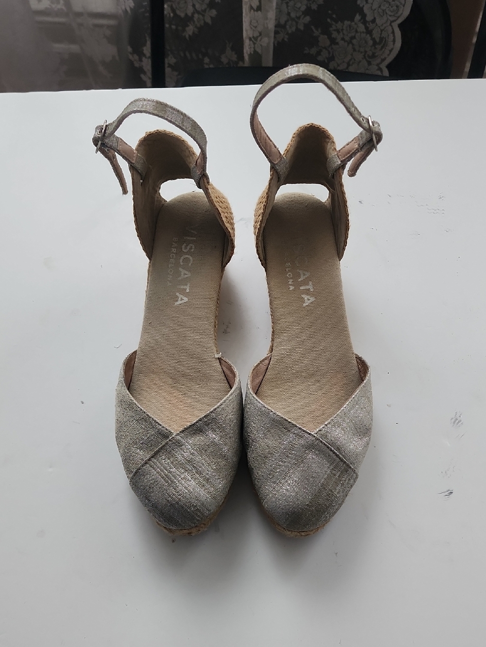 Metallic Silver Espadrille Wedge Sandals with Ankle Strap